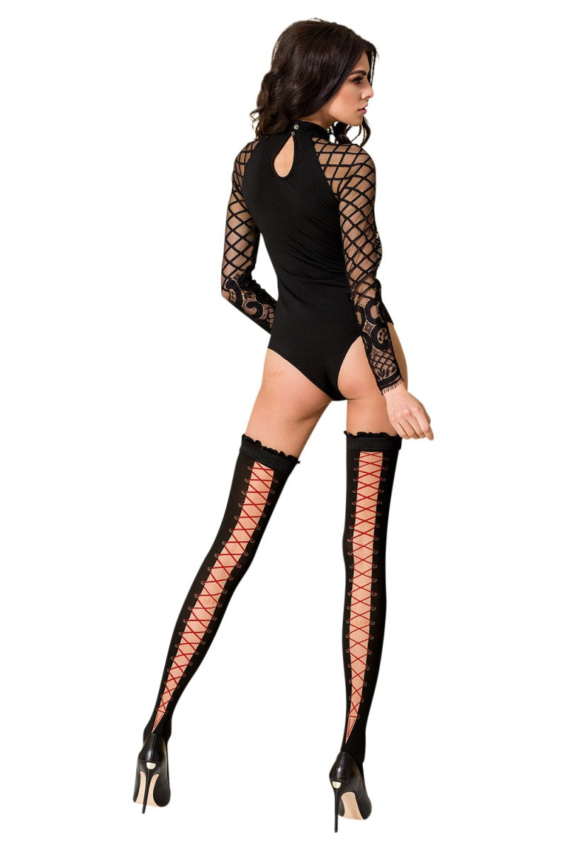 Halterlose Strümpfe ST101 schwarz/rot von Passion Halterlose Strümpfe ST101 schwarz/rot von Passion